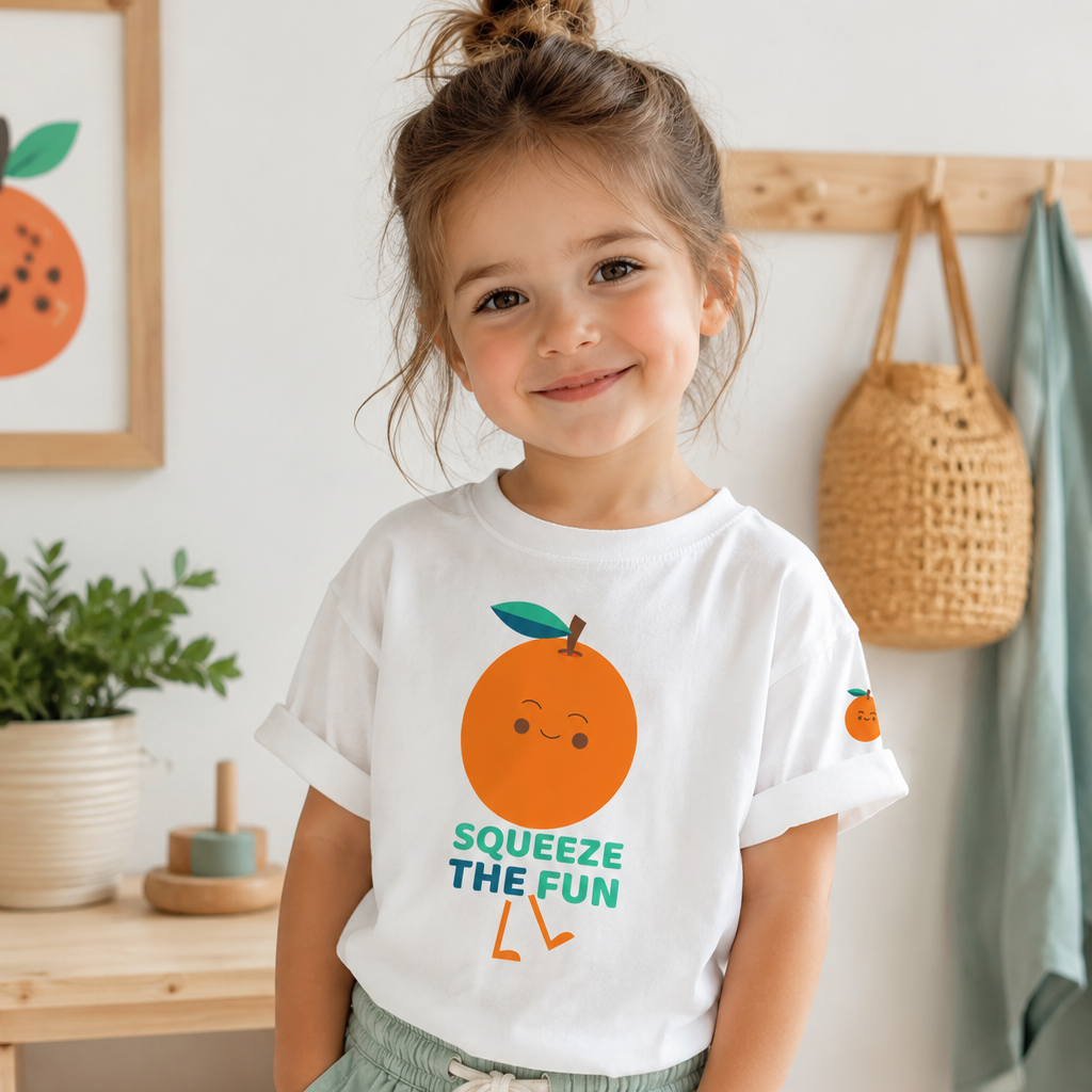 Child wearing a white t-shirt with an orange graphic and text, standing in a room with a light background.