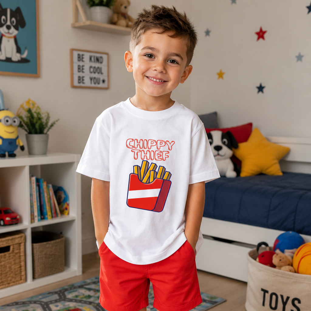 A young boy stands in a child's bedroom wearing a white graphic t-shirt with 'CHIPSY TIGER' and a french fries illustration, paired with red shorts and black and red sneakers.